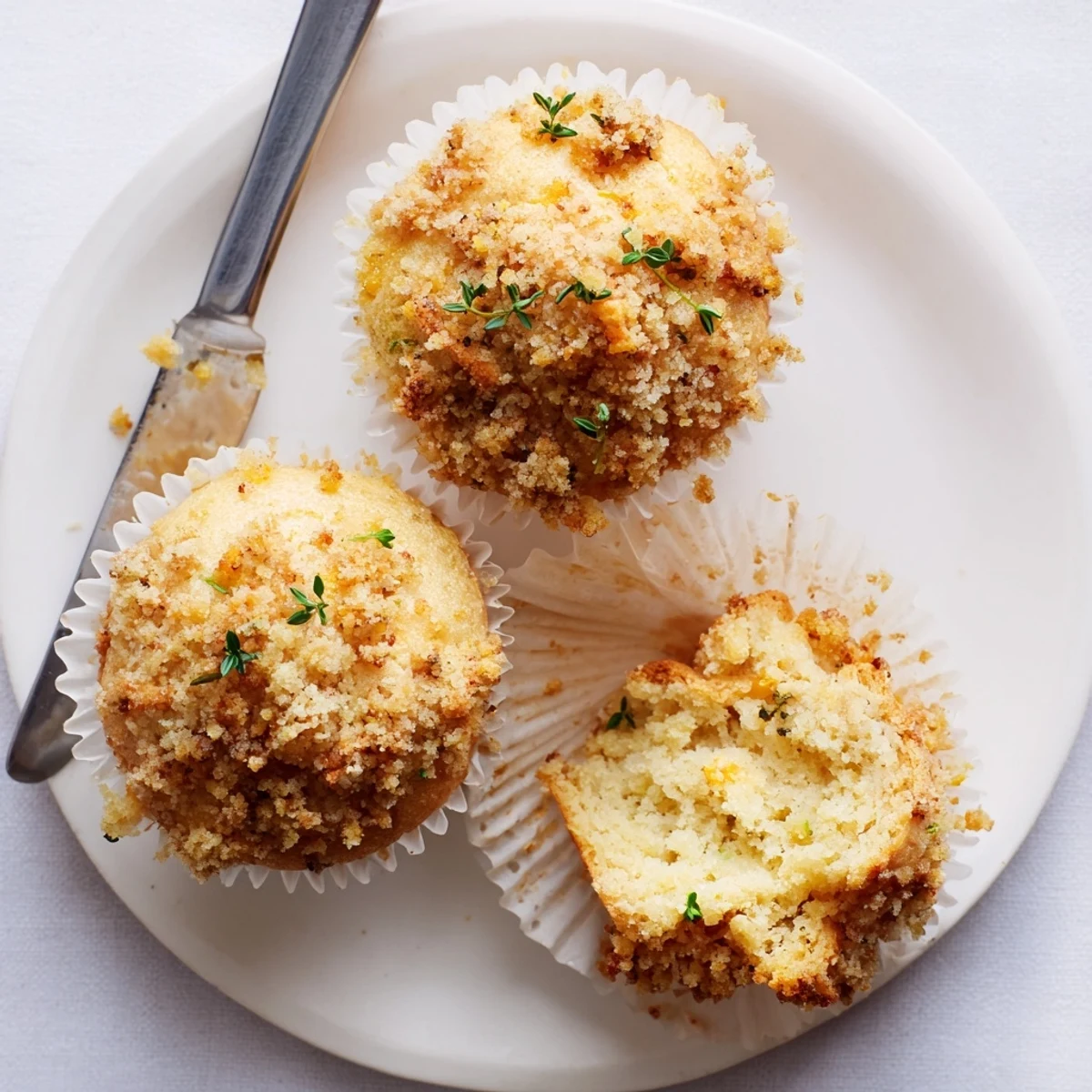 Golden Lemon Orange Honey Muffins topped with herb-flecked thyme crumble on a rustic plate