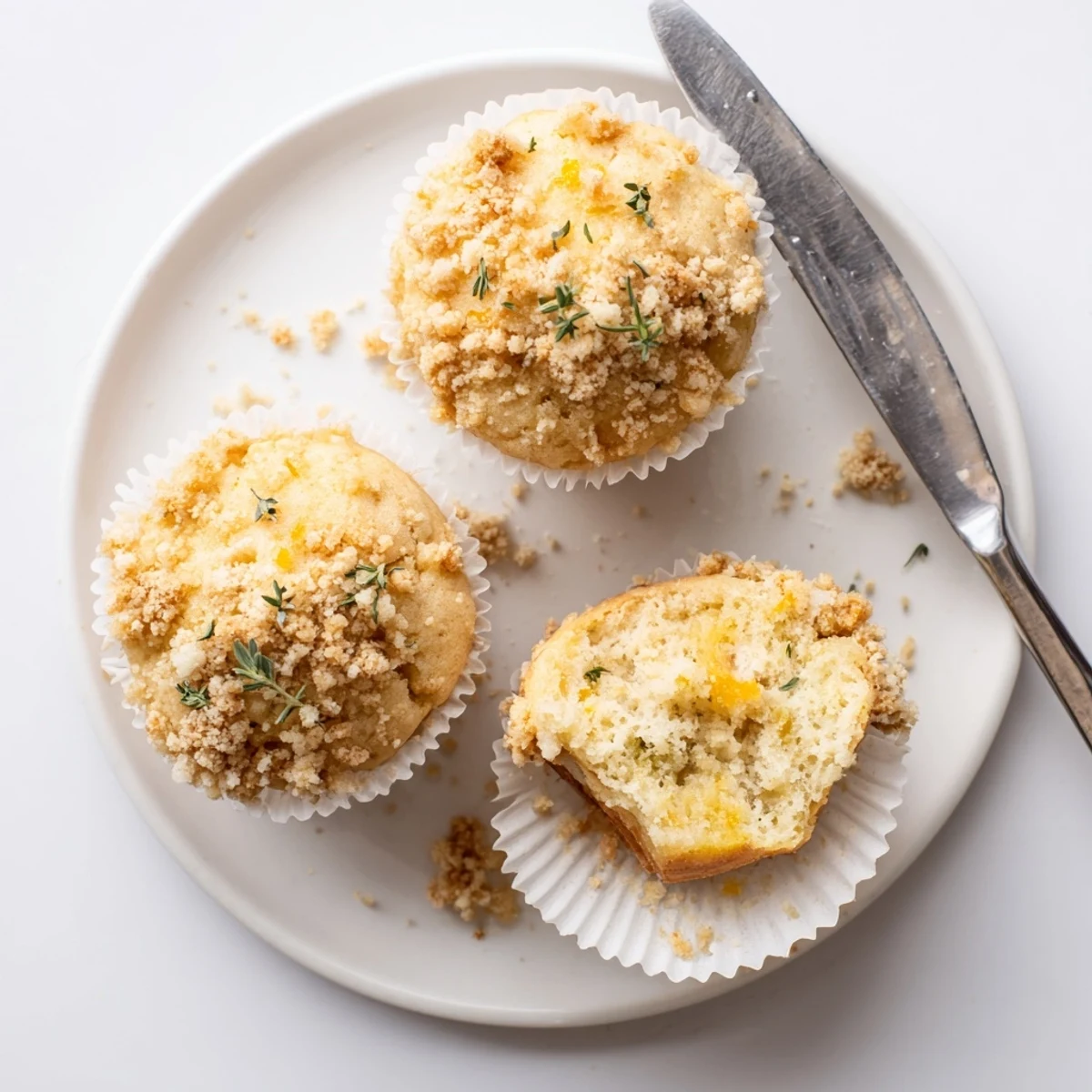 Tender Lemon Orange Honey Muffins crowned with savory thyme crumble arranged on a wire rack