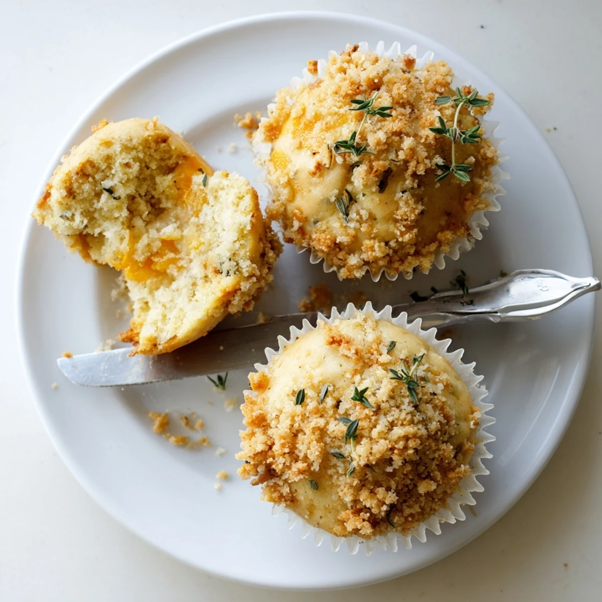 Moist Lemon Orange Honey Muffins with thyme crumble fresh from the oven with citrus zest