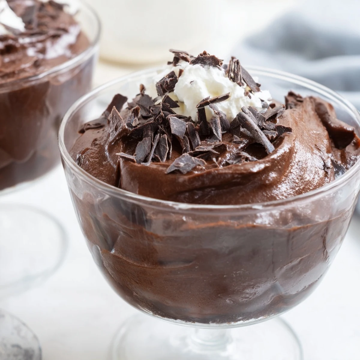 Velvety chocolate mousse spooned into elegant glasses topped with dark chocolate shavings