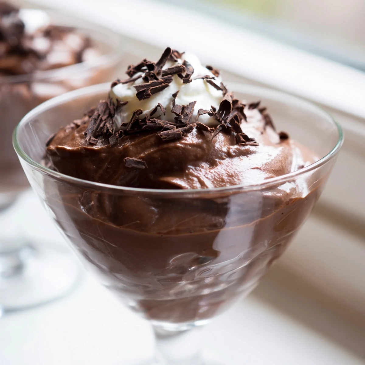 Creamy chocolate mousse served in crystal cups with a dollop of whipped cream