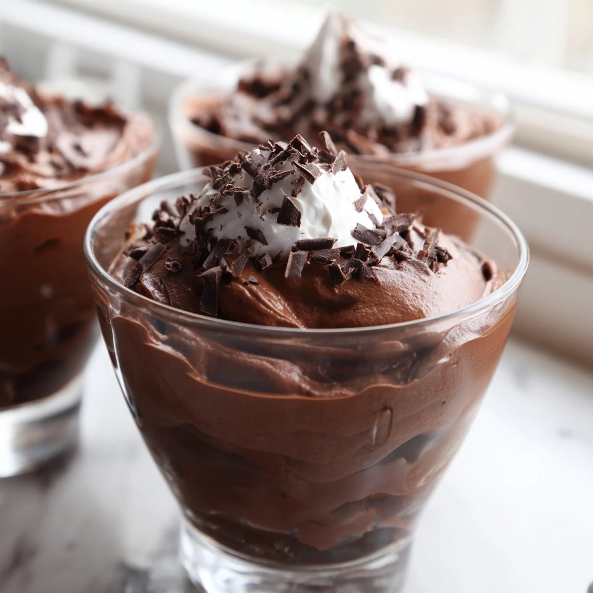 Rich and airy chocolate mousse dusted with cocoa powder in individual dessert glasses
