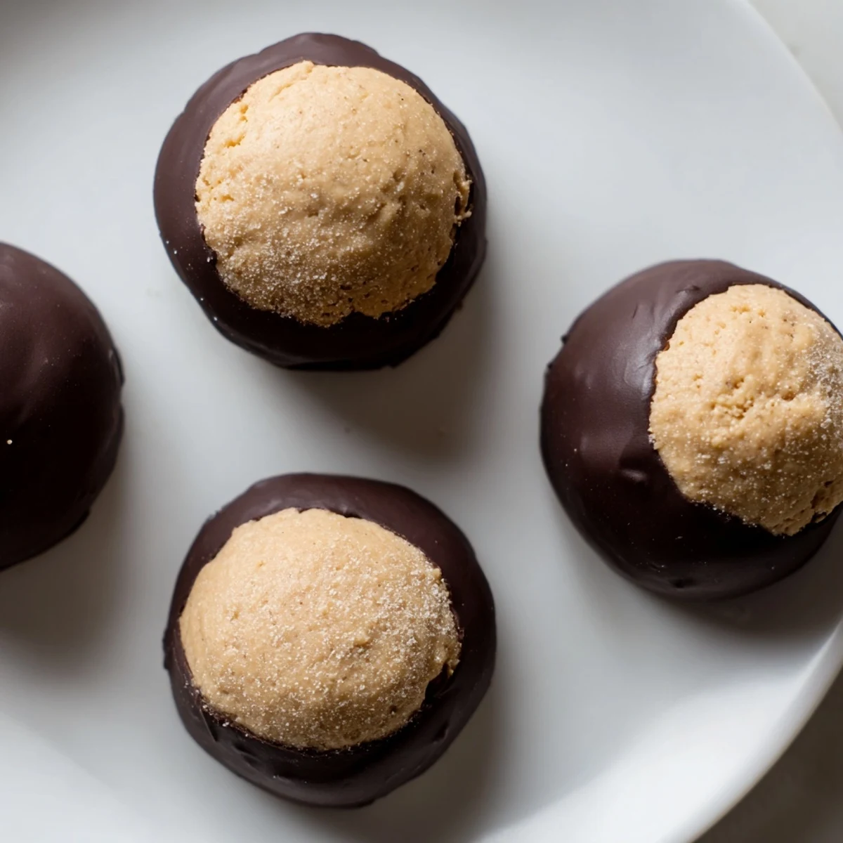 Golden peanut butter balls dipped in dark chocolate to make classic Buckeye Cookies