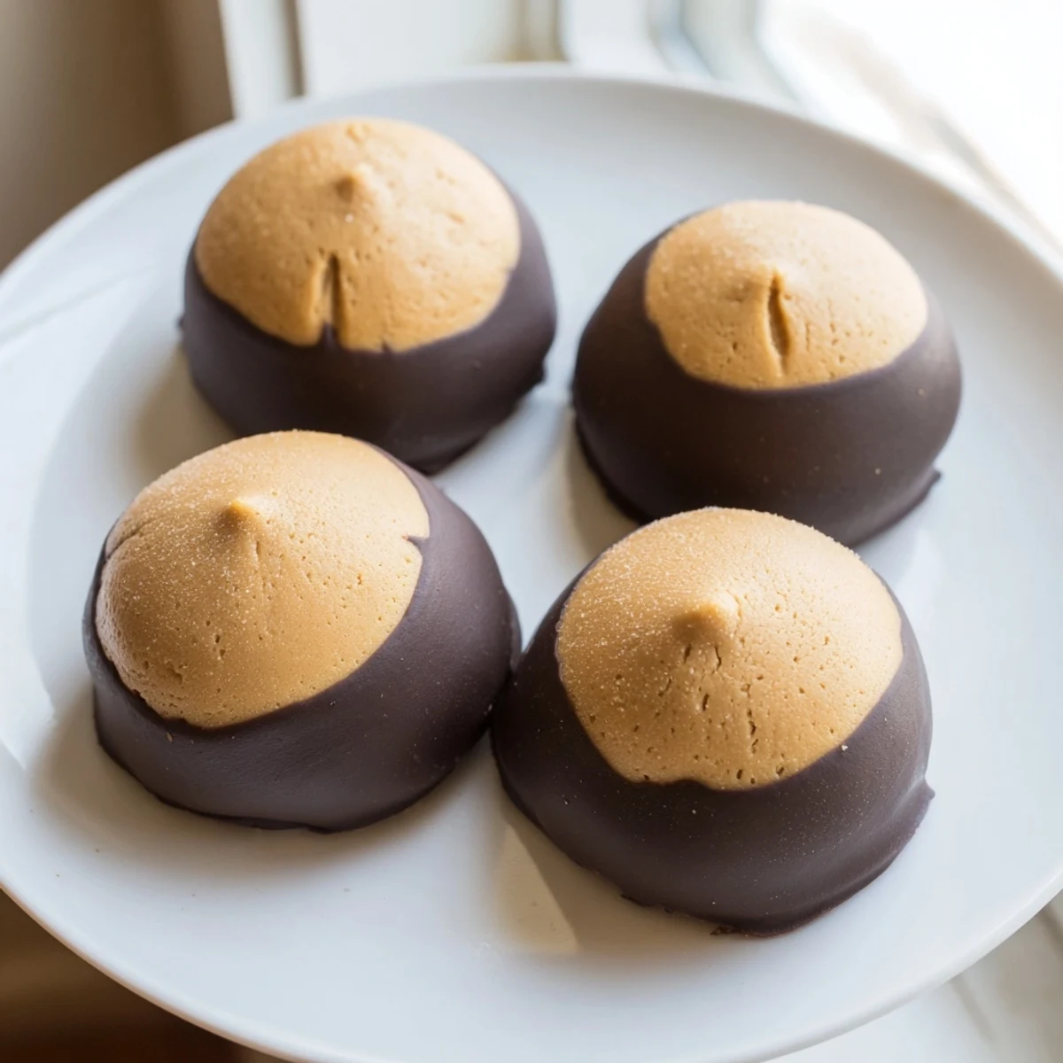 A plate of homemade Buckeye Cookies showing signature partially dipped chocolate peanut butter centers
