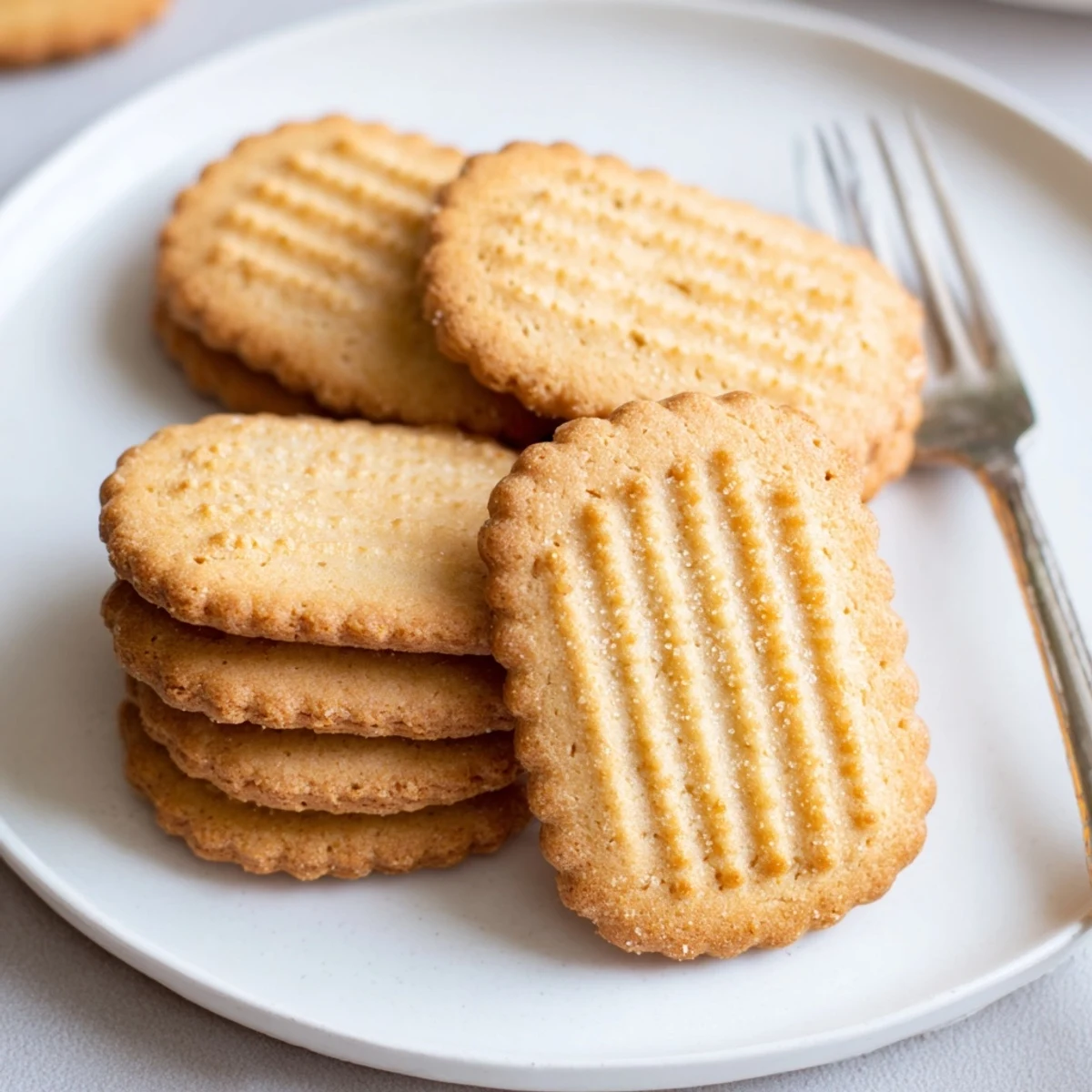 Golden Petit Beurre cookies arranged on a rustic wooden board beside a steaming cup of tea