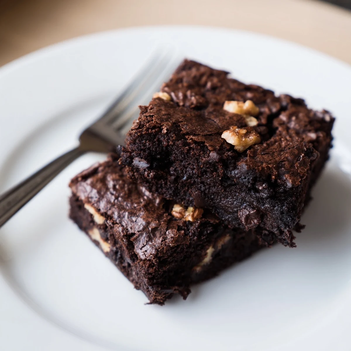 Rich dark chocolate brownies served warm with a dusting of cocoa powder