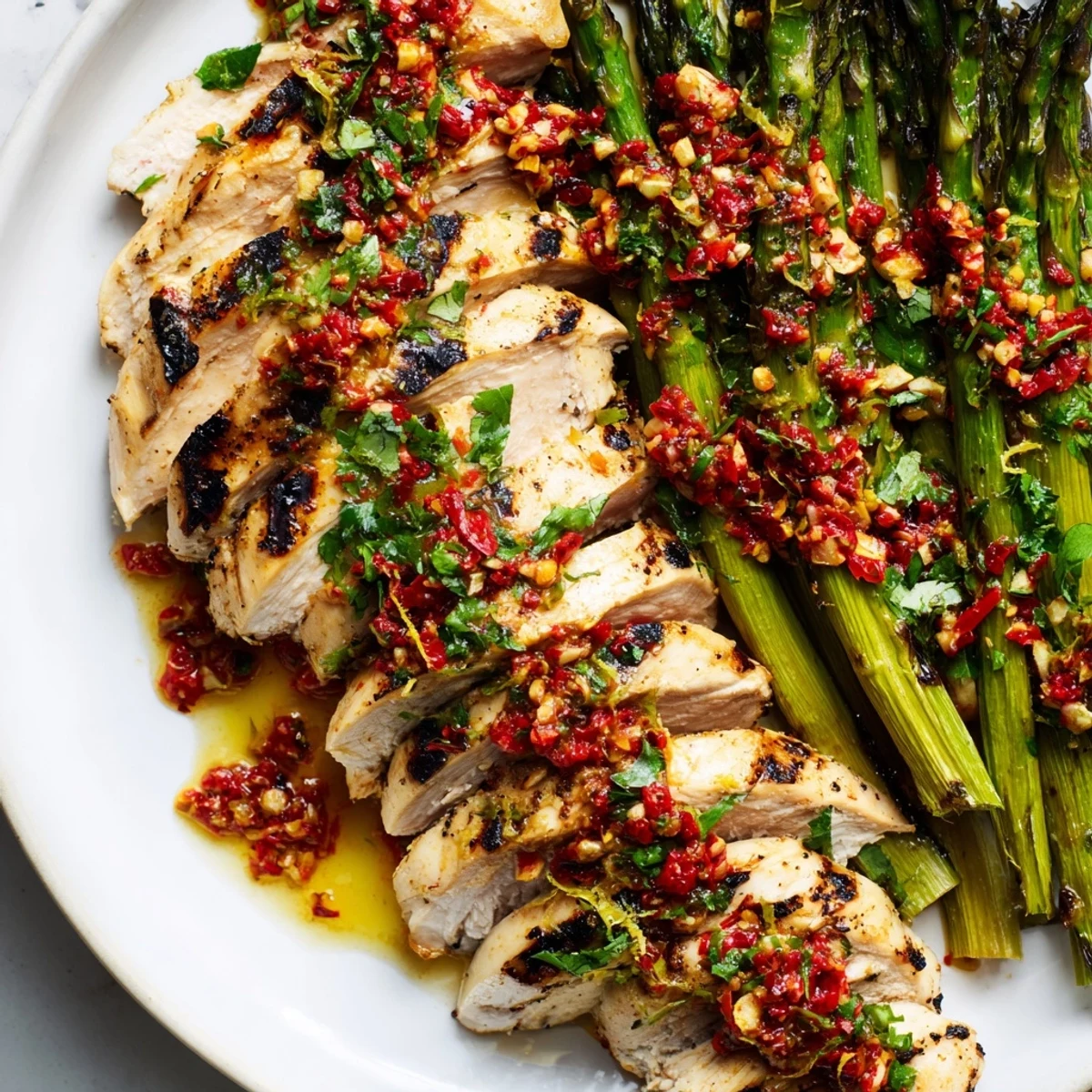 Juicy grilled asparagus chicken with vibrant red Calabrian chili sauce drizzled on top