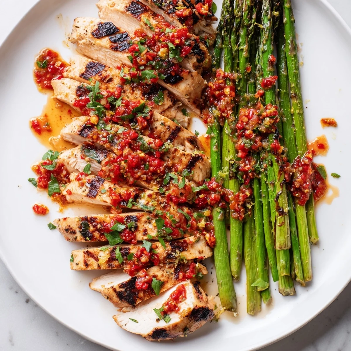 Sliced grilled asparagus chicken plated alongside tender spears with spicy chili glaze