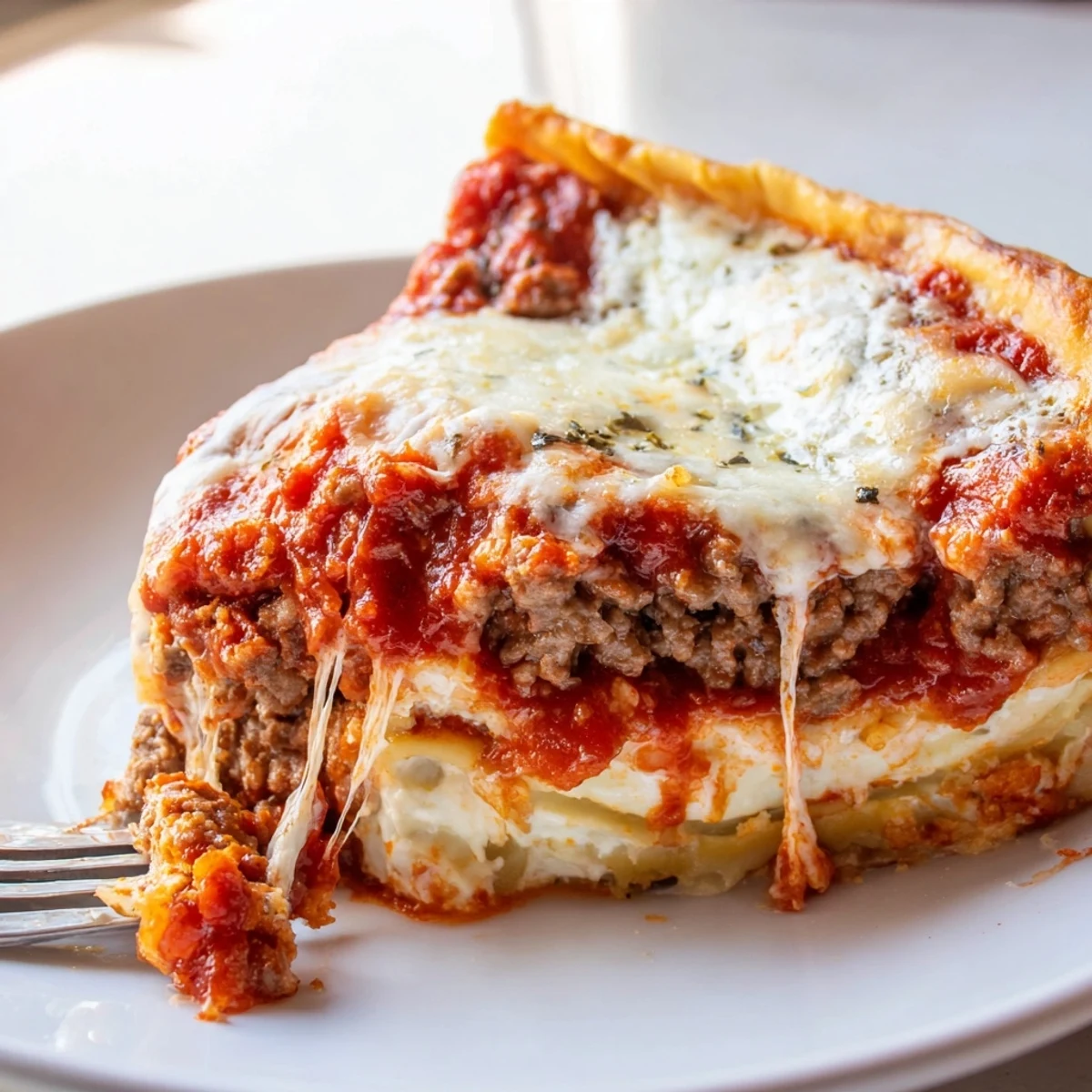 Cheesy lasagna pie with gooey layers of mozzarella, ricotta, and seasoned meat sauce