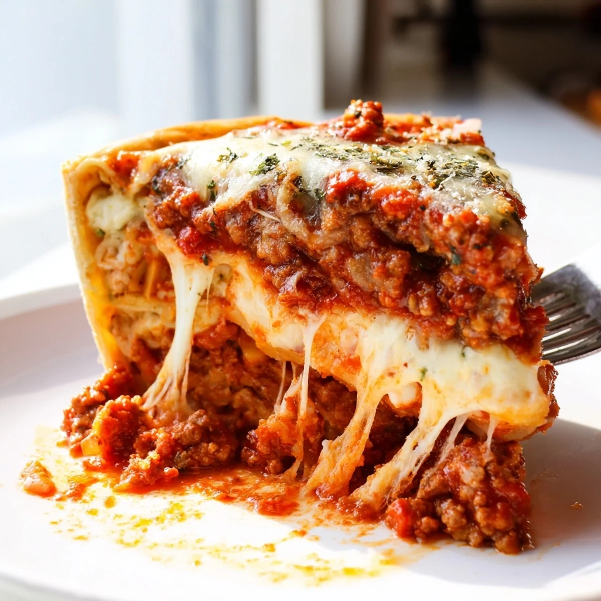 Golden baked cheesy lasagna pie sliced to reveal stretchy cheese and rich marinara