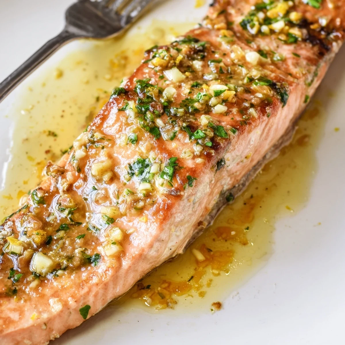 Golden garlic butter salmon fillets glistening with lemon herb sauce on a white plate