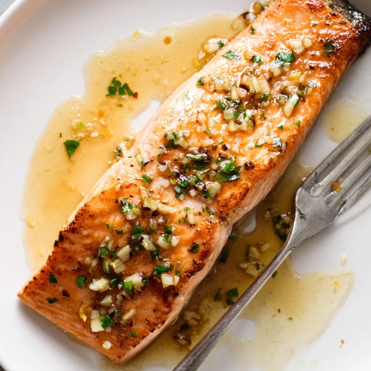 Pan-seared garlic butter salmon topped with melted butter and fresh parsley garnish