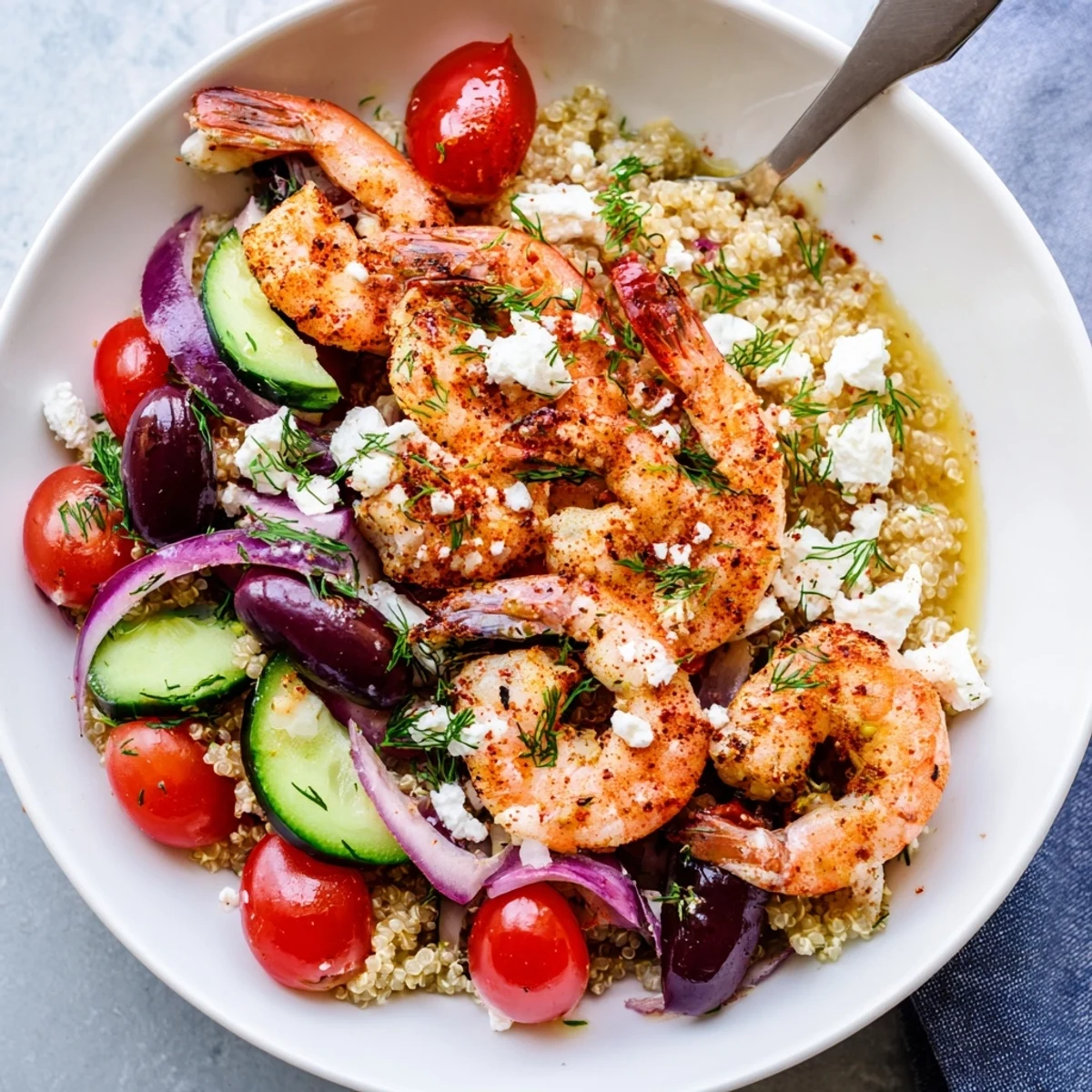 Golden seared Greek shrimp Mediterranean bowl with crisp cucumbers, tomatoes, and crumbled feta