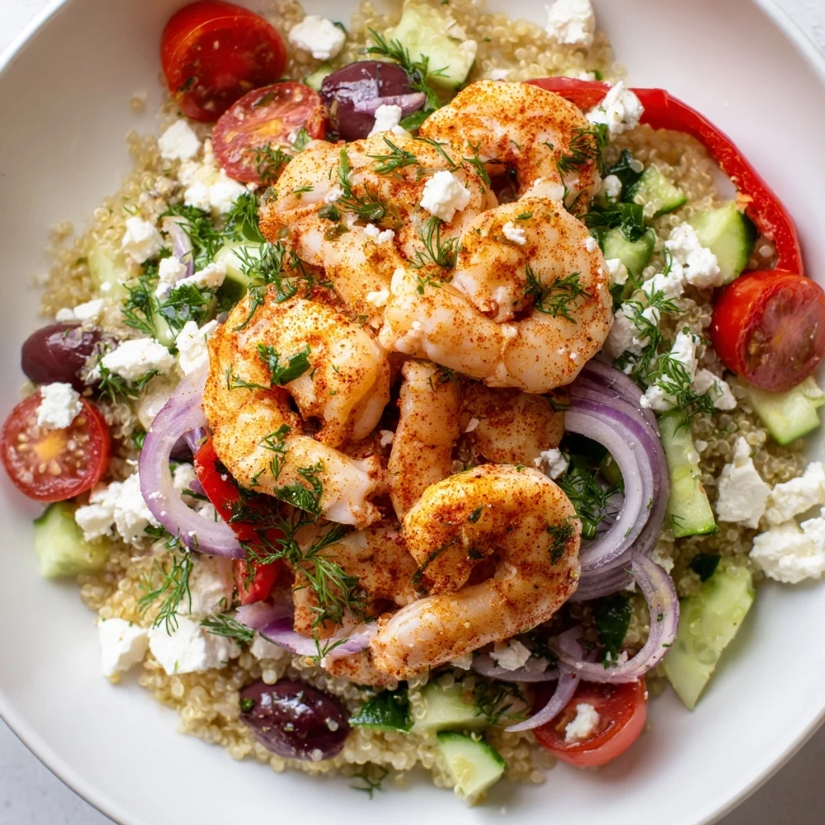 Vibrant Greek shrimp Mediterranean bowl drizzled with lemon herb dressing over fluffy rice