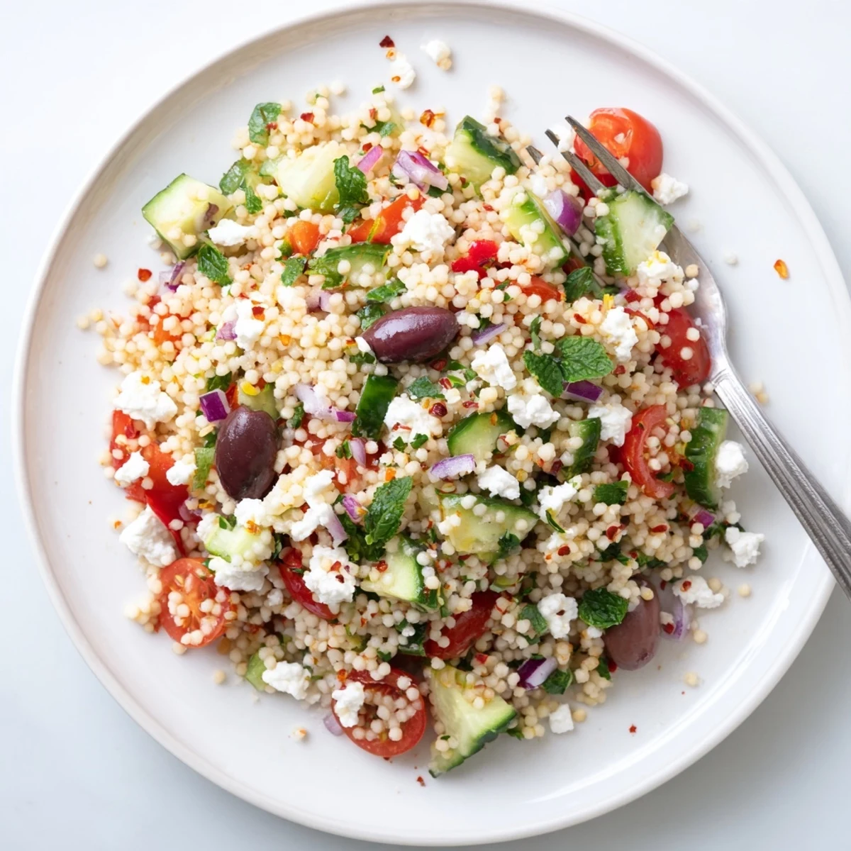 Fluffy Mediterranean couscous salad topped with crumbled feta and colorful fresh vegetables