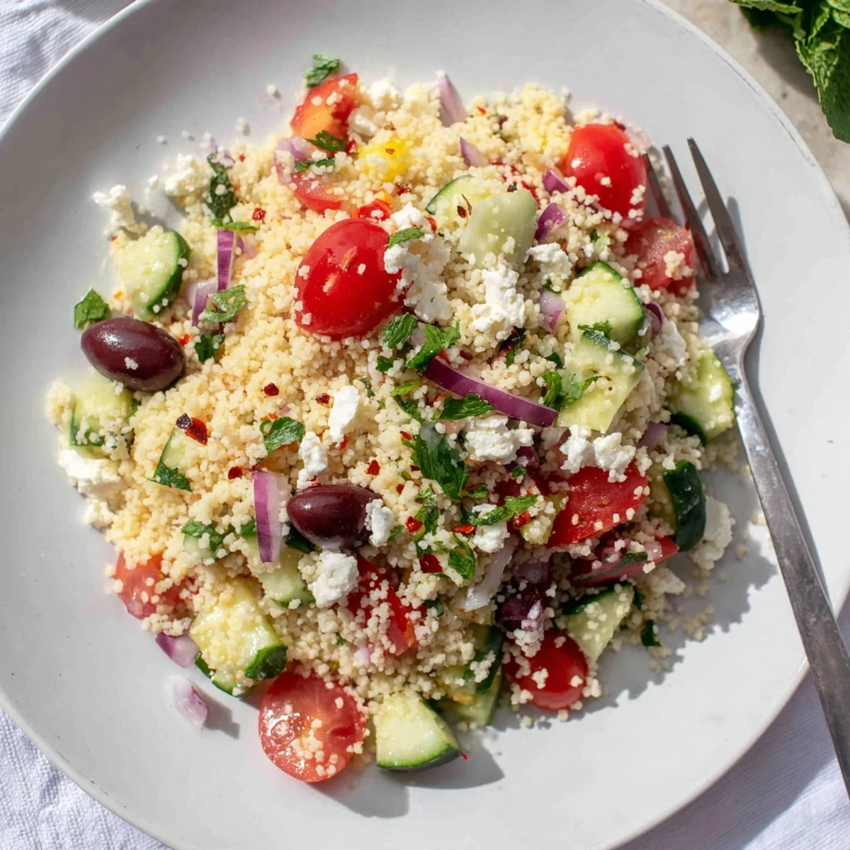 Mediterranean couscous salad drizzled with spicy sweet hot honey lemon vinaigrette dressing