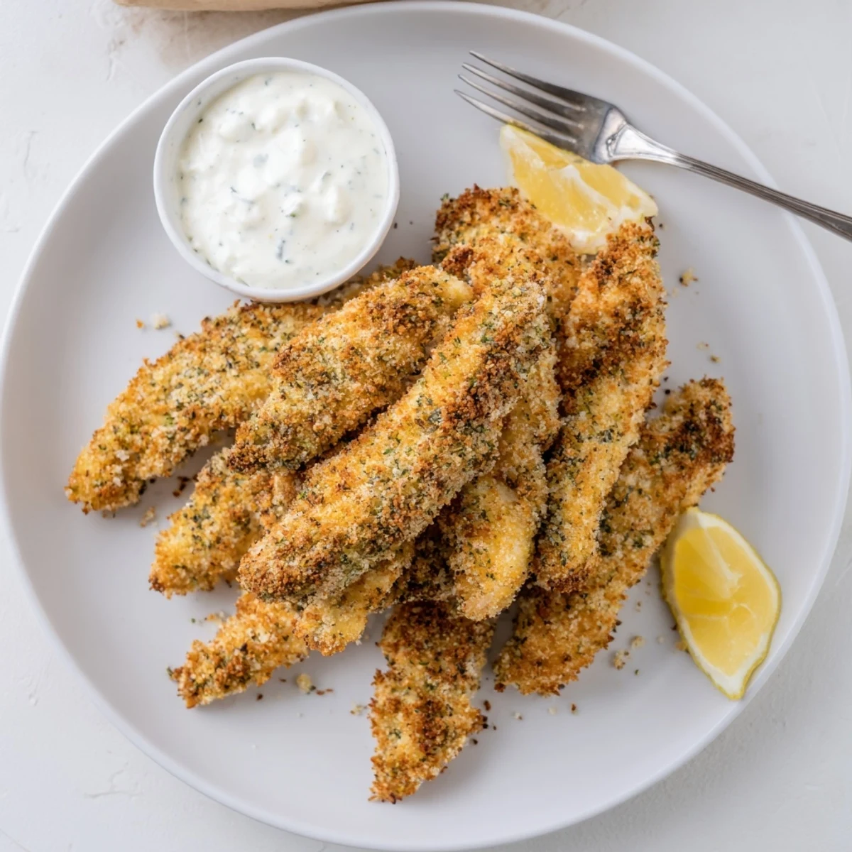 Golden crispy Greek chicken strips seasoned with Mediterranean herbs on a rustic plate