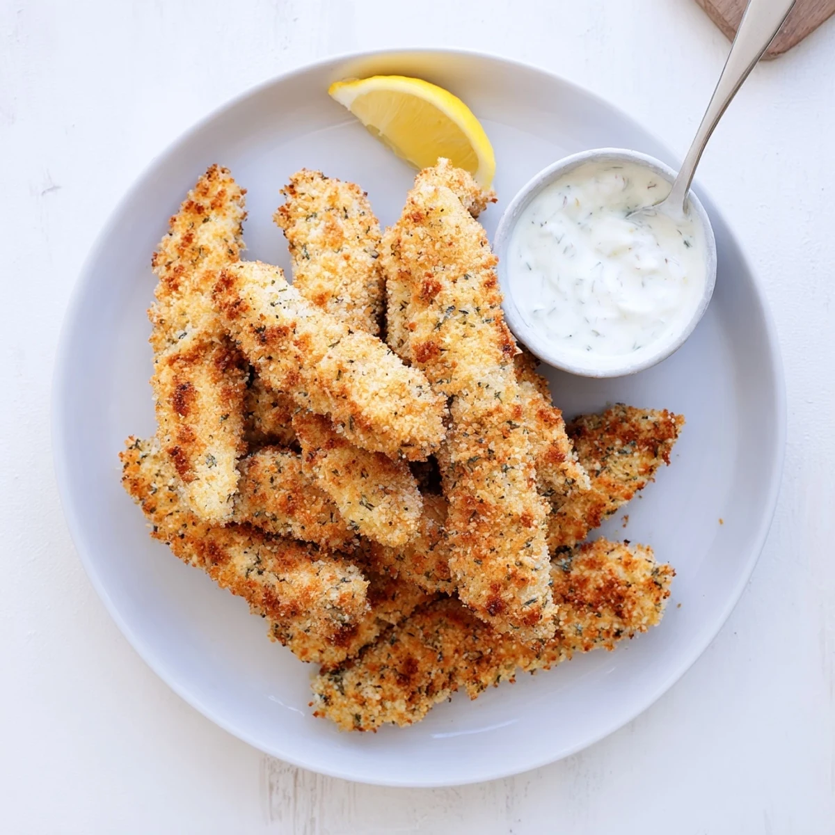 Crispy Greek chicken strips with herbed breading served alongside fresh tzatziki dip