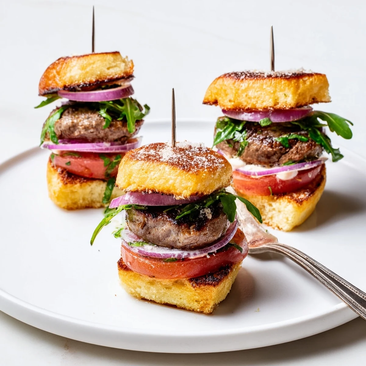 Juicy filet mignon sliders on golden garlic parmesan rolls with fresh arugula and tomatoes