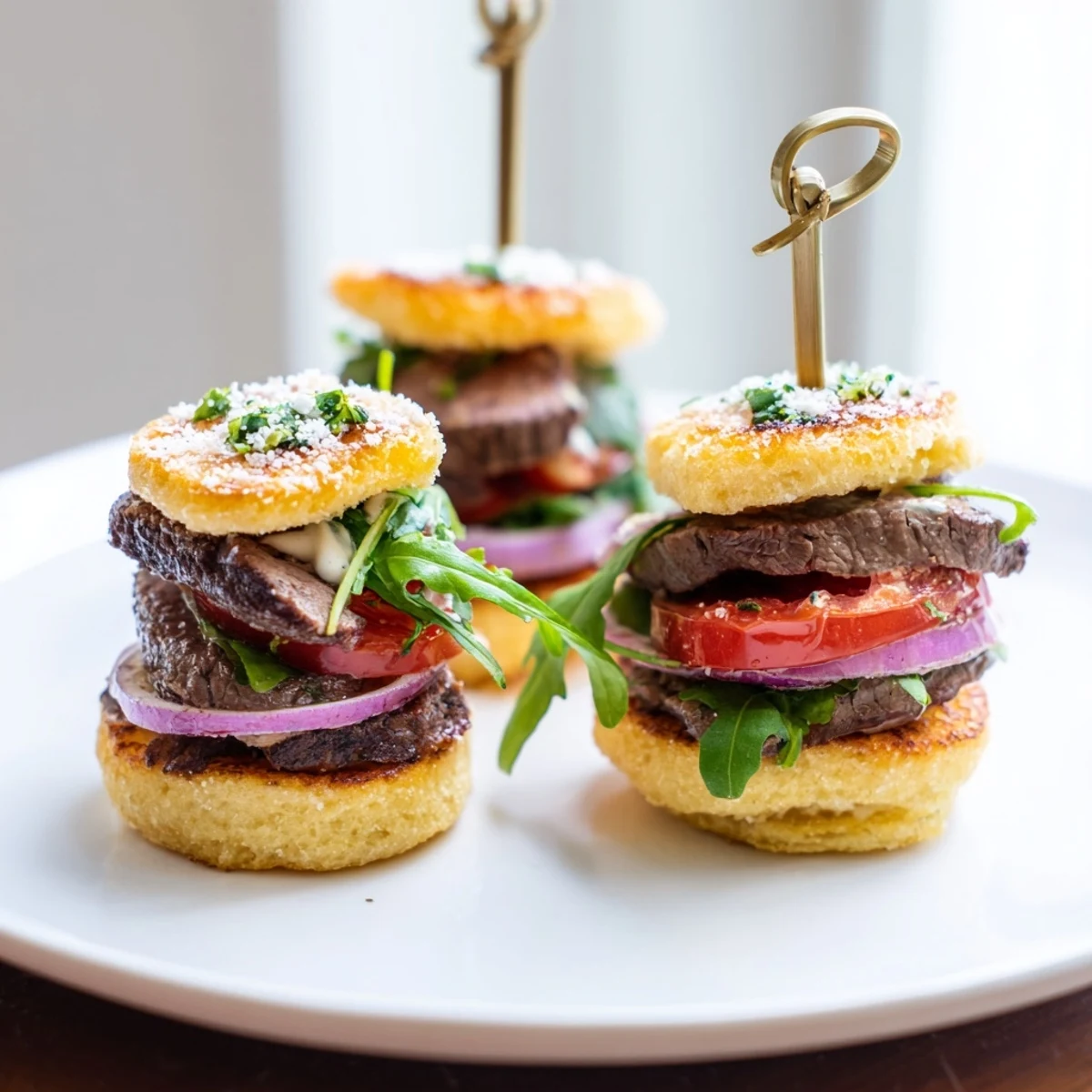Crispy garlic parmesan rolls stacked with seared filet mignon sliders and creamy horseradish drizzle