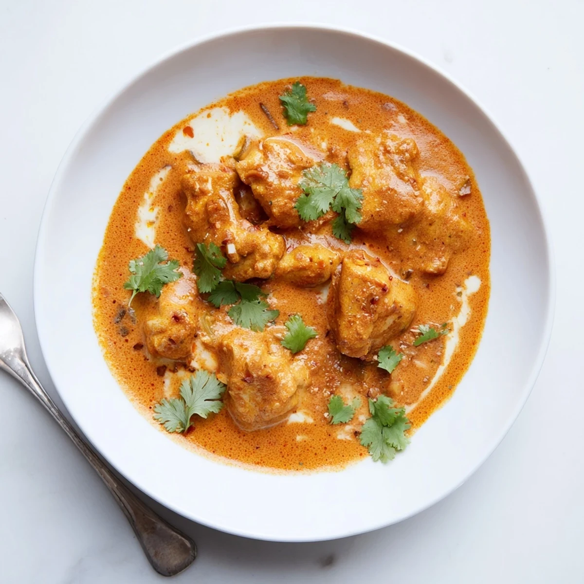 Tender Crockpot Butter Chicken served over fluffy basmati rice and garnished with fresh cilantro