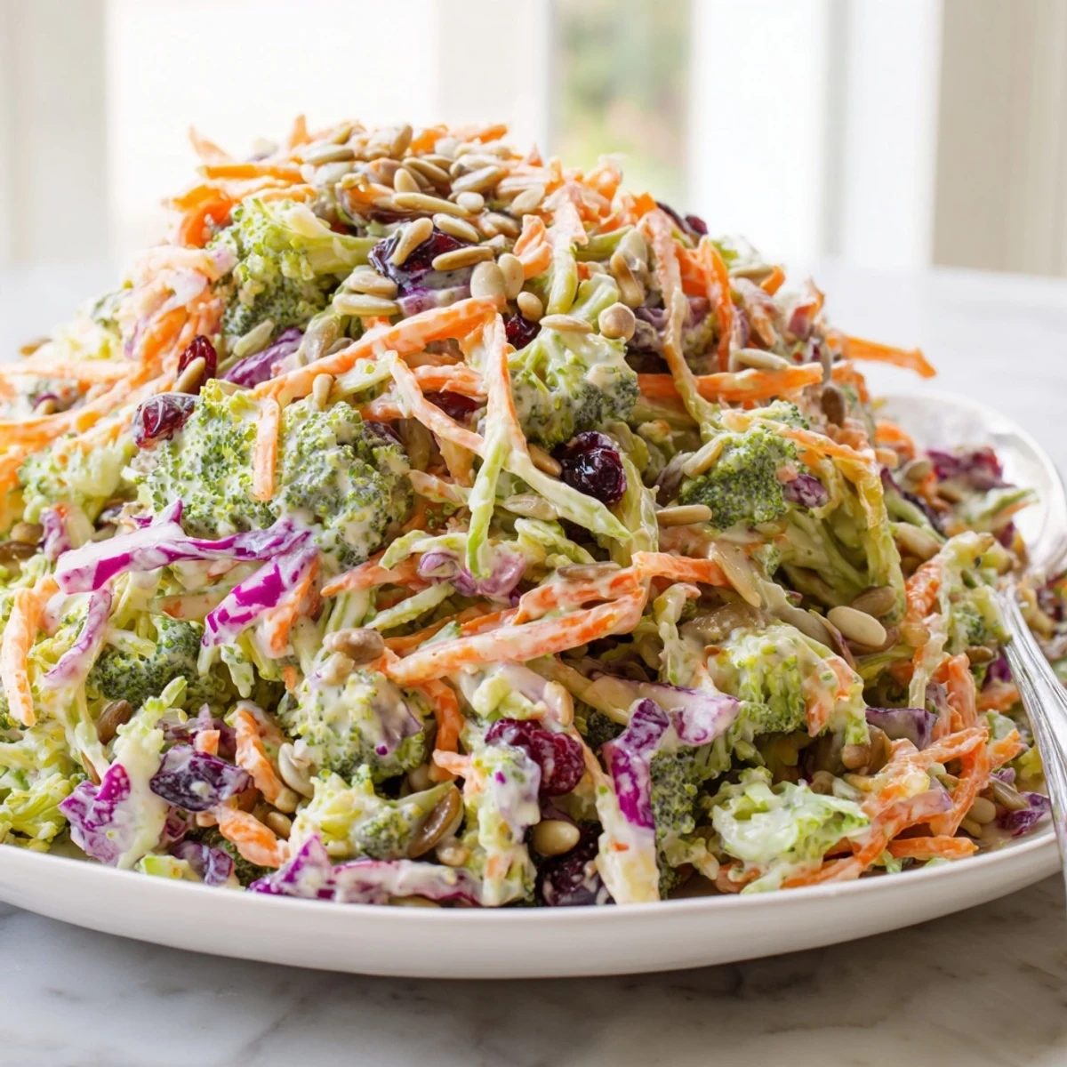 Creamy broccoli slaw piled high with cranberries, sunflower seeds, and shredded carrots in a white serving bowl.