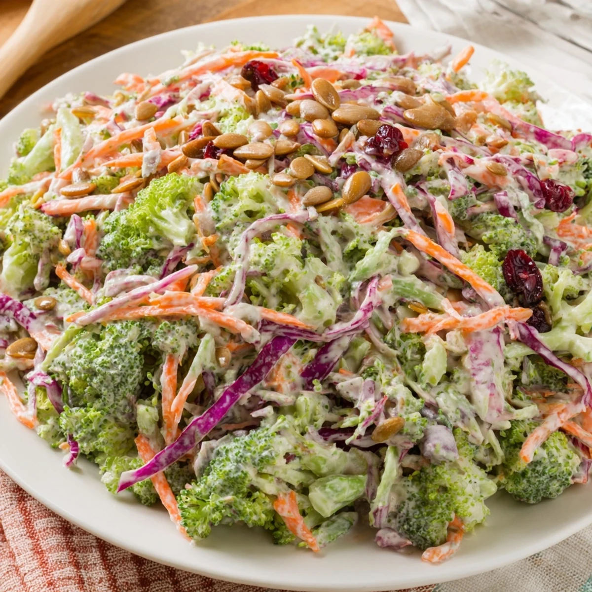Tangy broccoli slaw glistening with creamy dressing, studded with dried cranberries and crunchy almonds on a rustic plate.