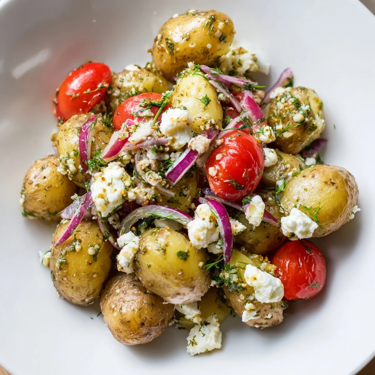Creamy potato and feta salad tossed with fresh herbs and cherry tomatoes