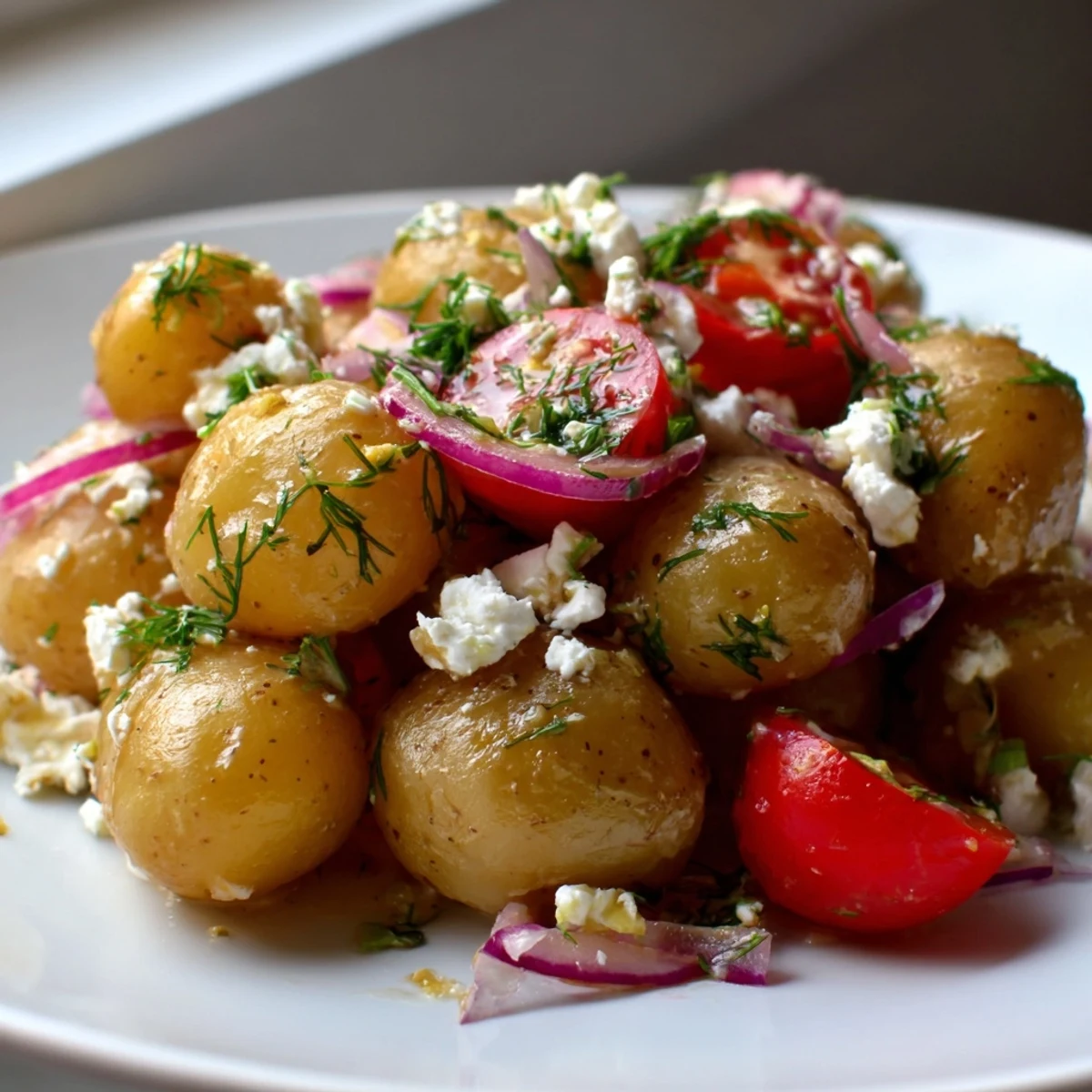 Tender potatoes crumbled with feta cheese and drizzled in lemon herb dressing