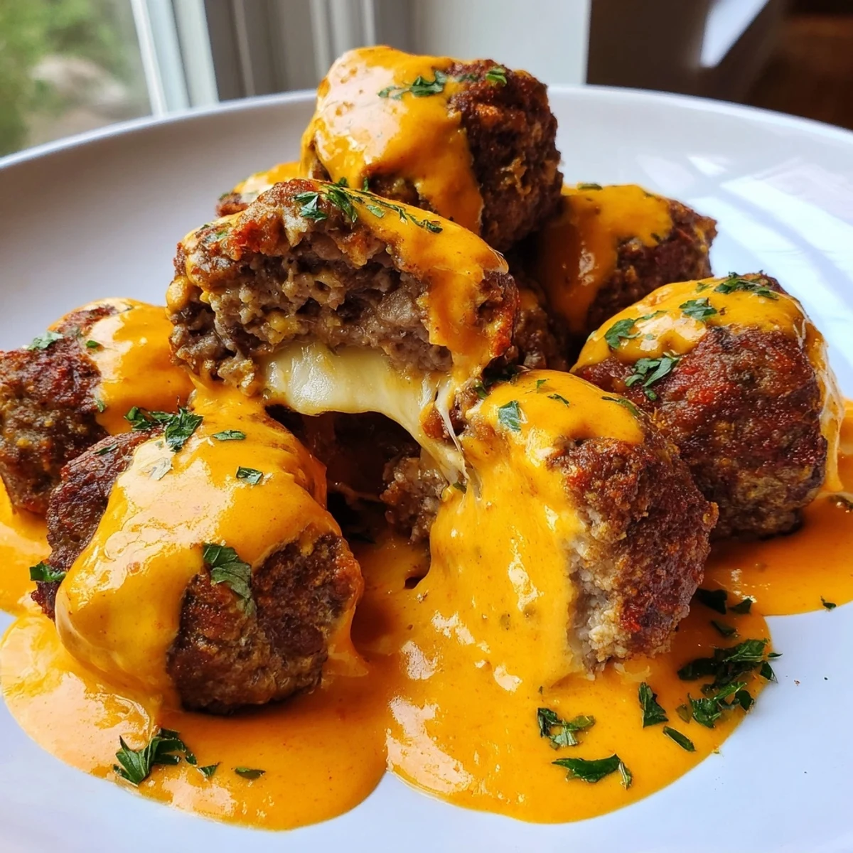 Golden cheese stuffed meatballs dripping with spicy cheese sauce on a rustic plate