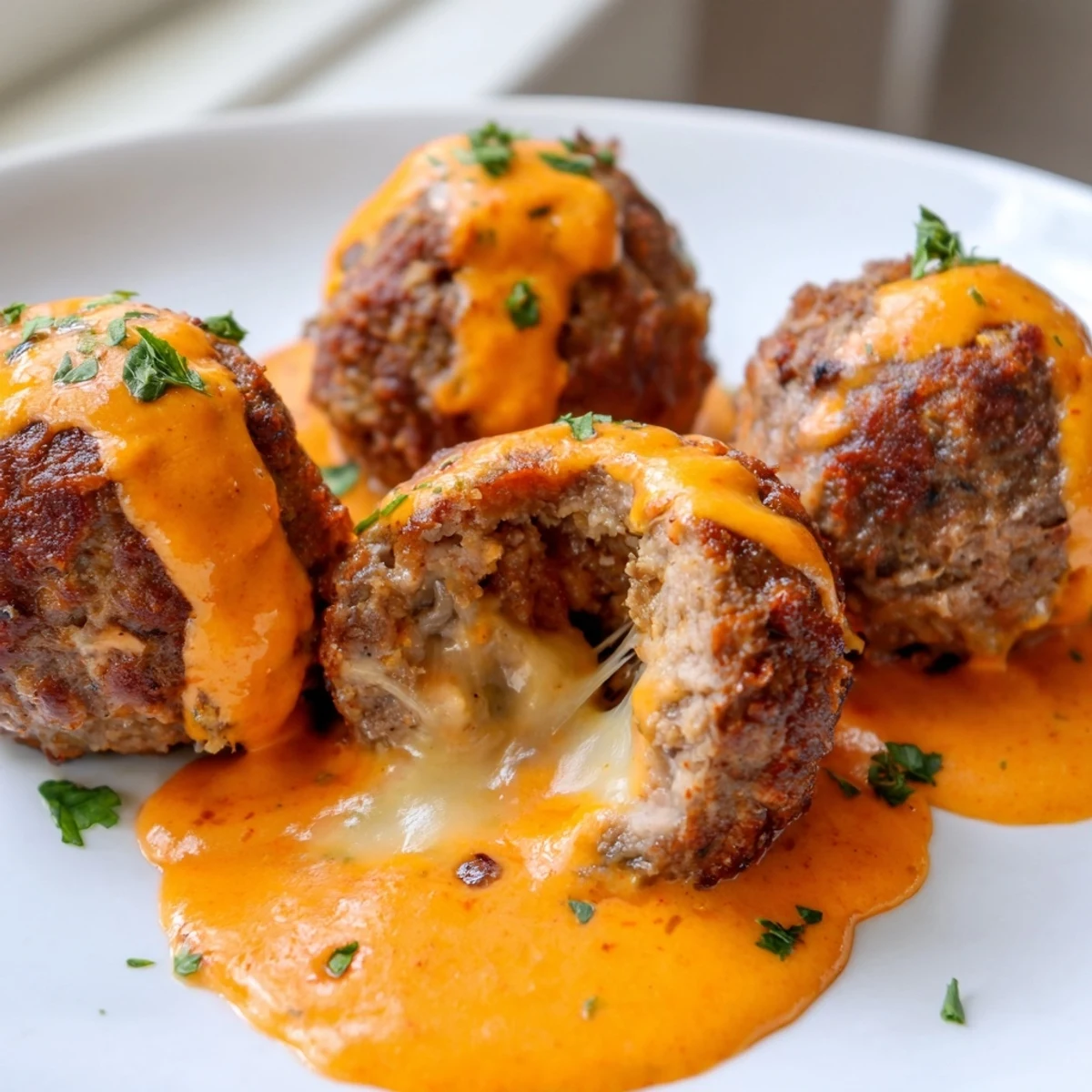 Juicy cheese stuffed meatballs smothered in creamy spicy cheese sauce with fresh parsley