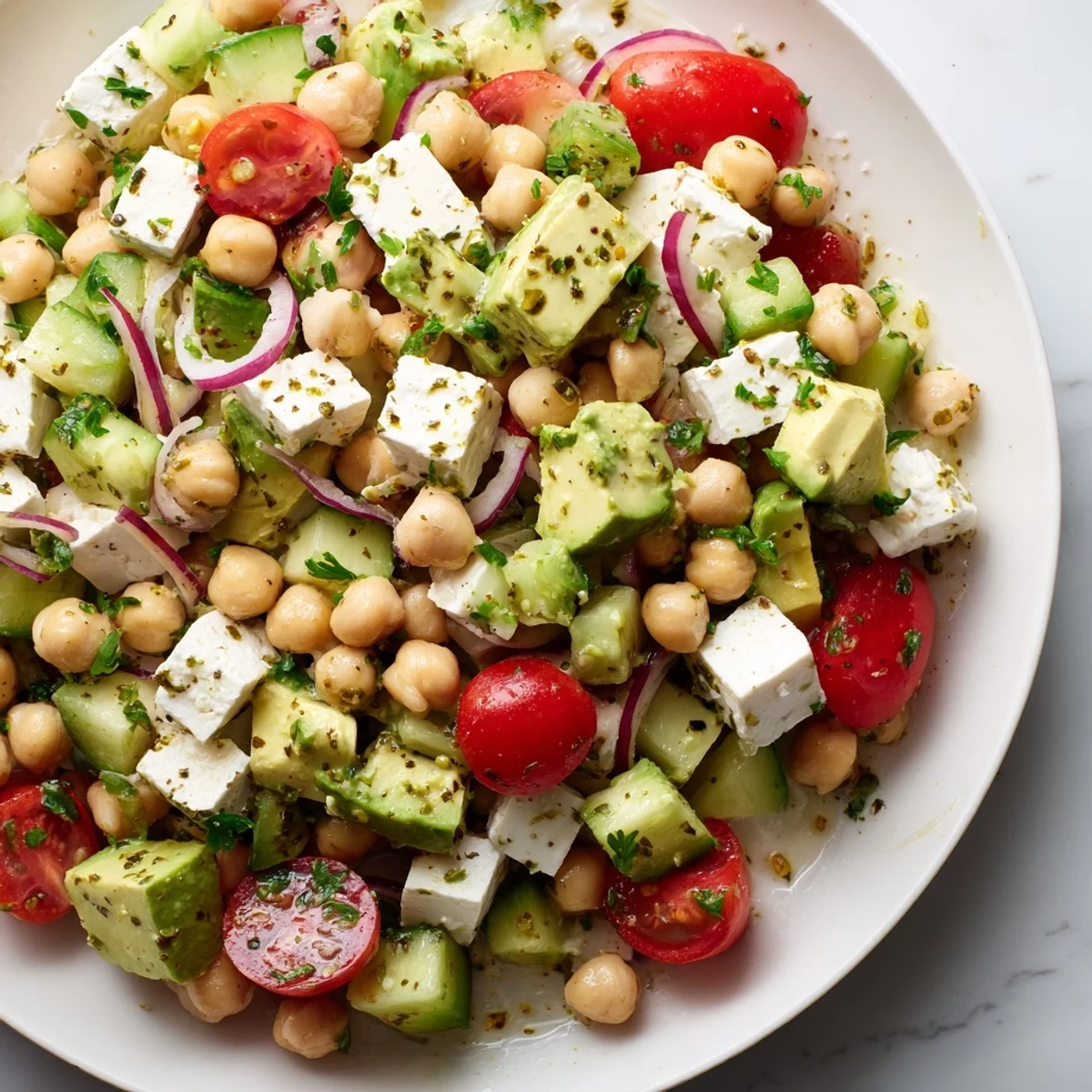 Colorful bowl of Chickpea Feta Avocado Salad studded with ripe tomatoes and crumbled feta