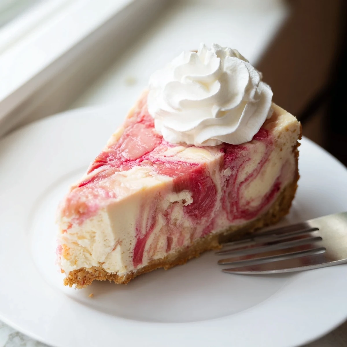 Creamy keto rhubarb cheesecake slice topped with fresh whipped cream on a rustic plate