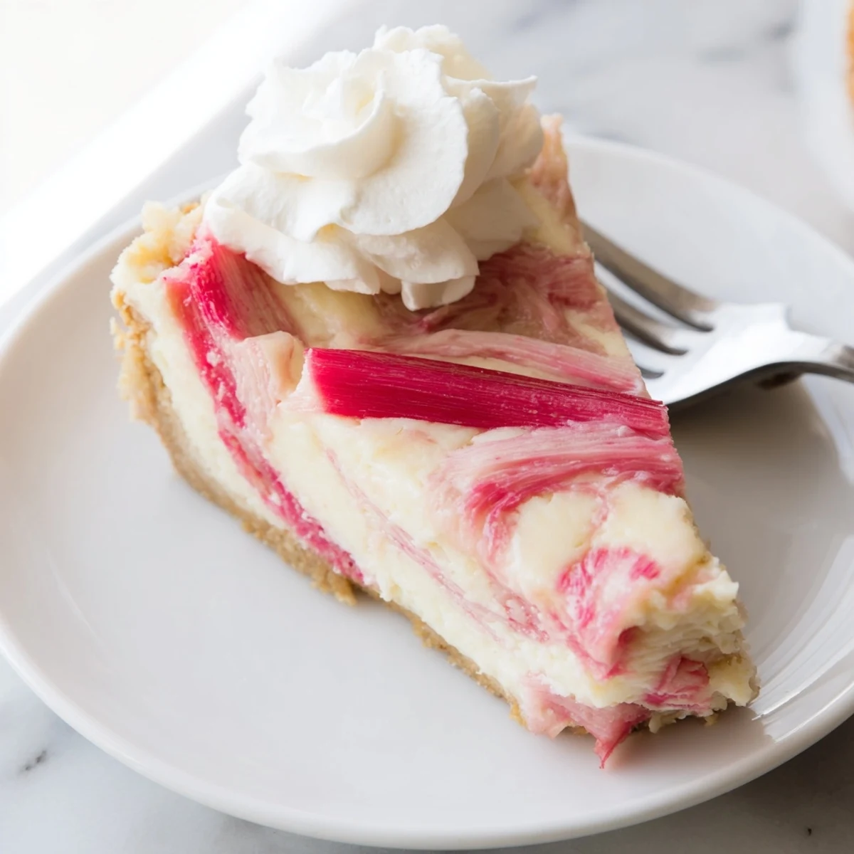 Golden almond flour crust cradles a silky keto rhubarb cheesecake with vibrant pink swirls