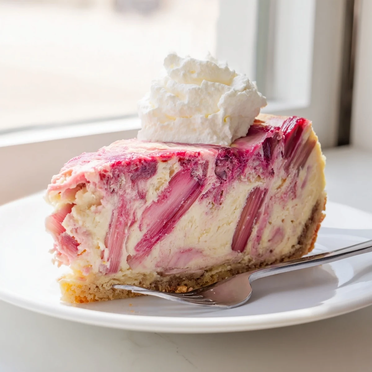 Tangy rhubarb ribbons wind through this luscious keto rhubarb cheesecake chilled to perfection