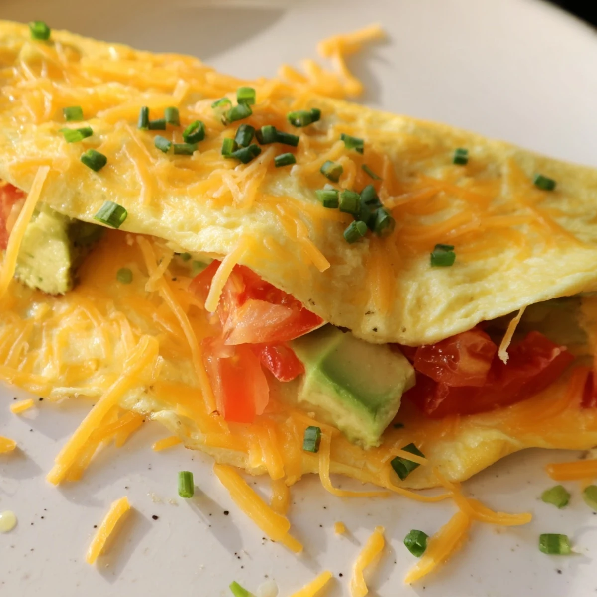 Creamy avocado cheesy tomato omelette folded golden with melted cheddar and fresh diced avocado