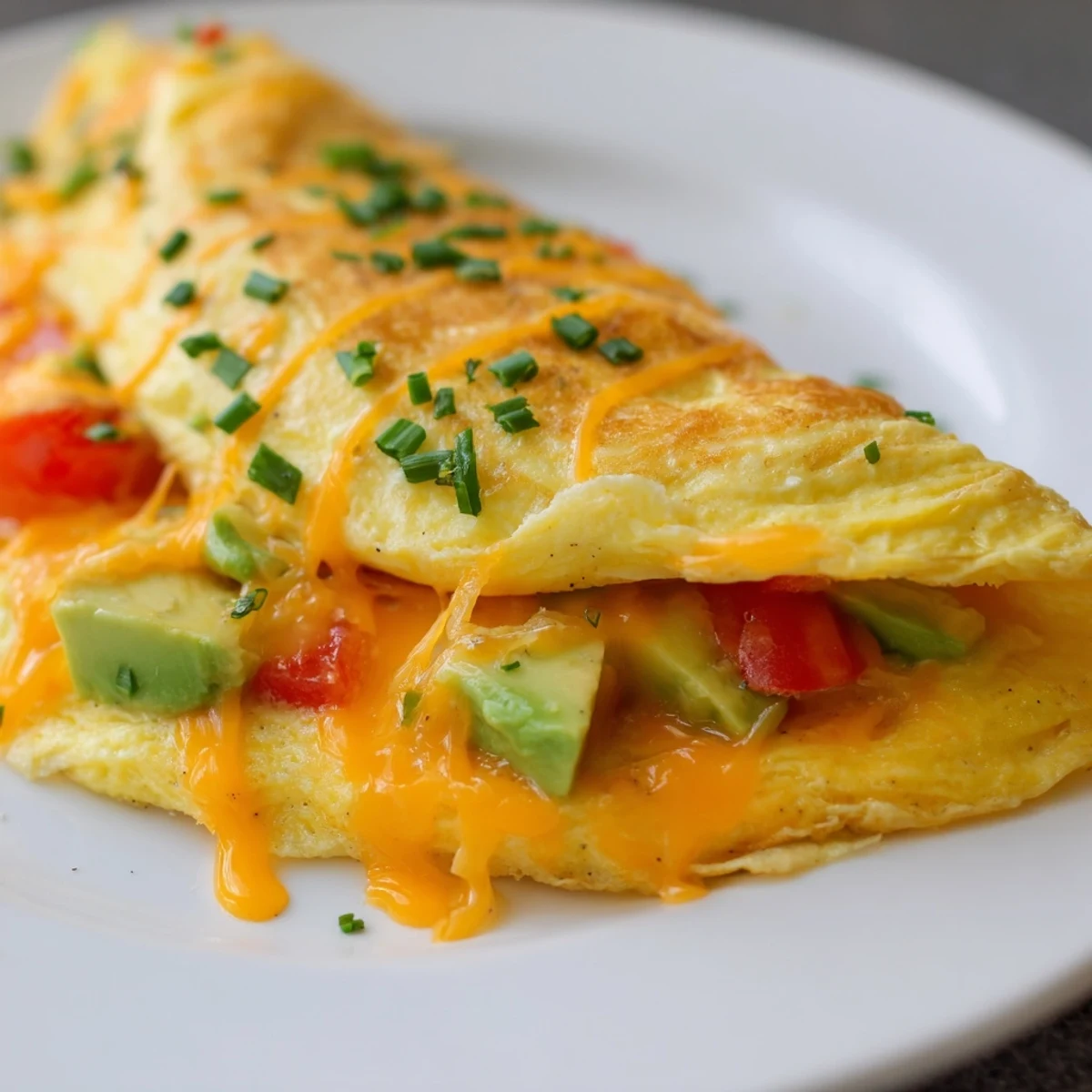 Creamy avocado cheesy tomato omelette garnished with chives showcasing juicy tomato and gooey cheese filling