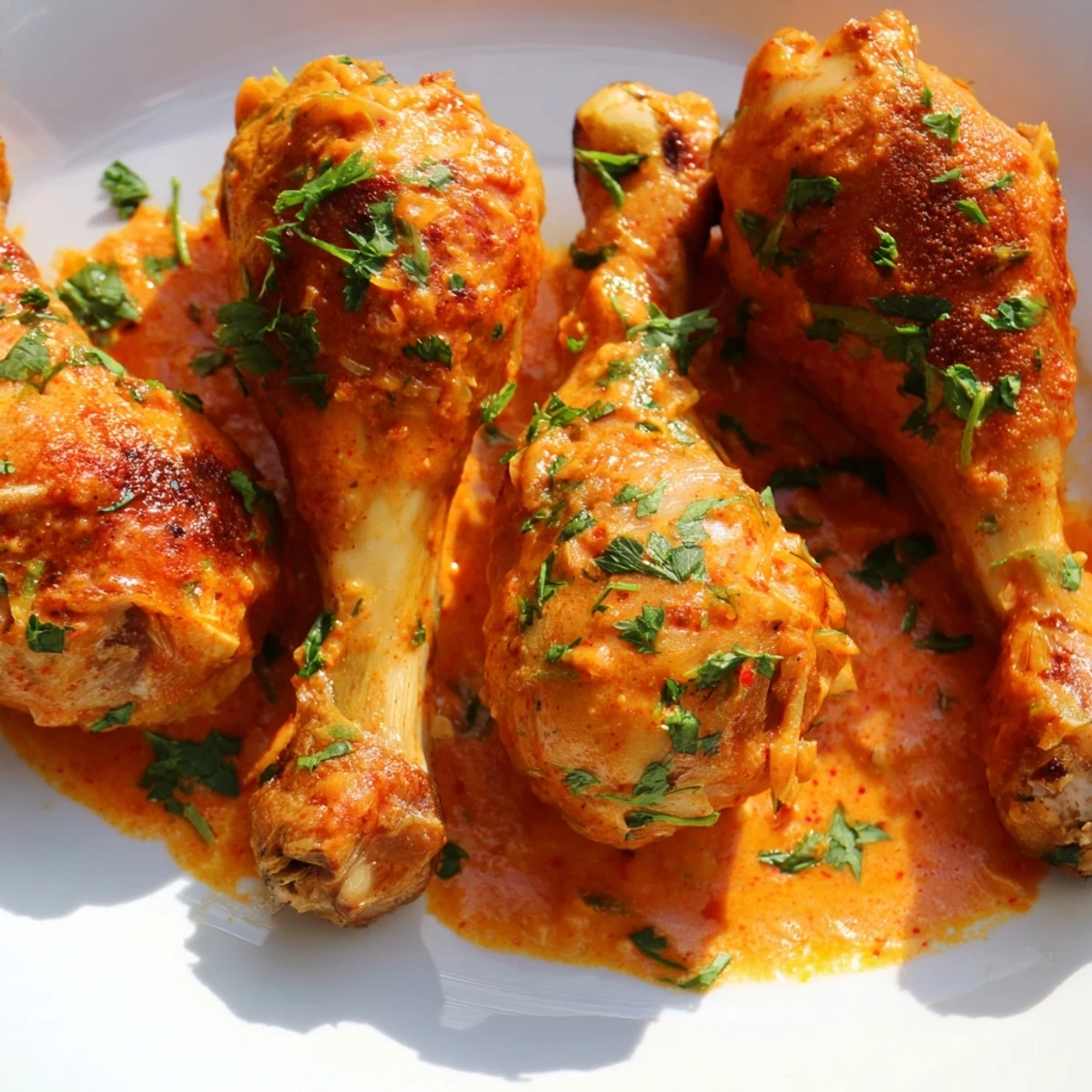 Golden seared creamy paprika chicken drumsticks in a rich, rust-colored skillet sauce