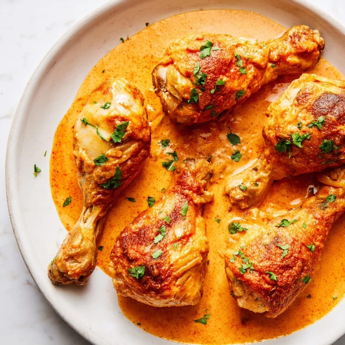 Crispy-skinned creamy paprika chicken drumsticks served over fluffy mashed potatoes with parsley