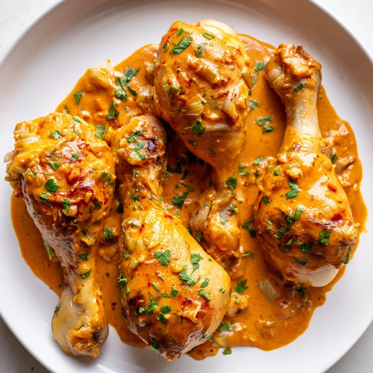 Juicy creamy paprika chicken drumsticks nestled in a velvety herb-garnished cream sauce