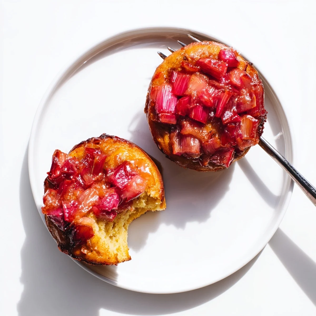 Golden upside down rhubarb muffins with caramelized pink fruit on a rustic plate