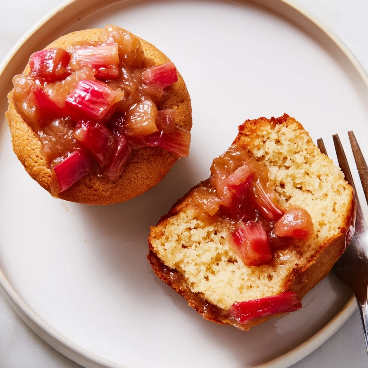 Warm upside down rhubarb muffins served on parchment with a steaming coffee mug