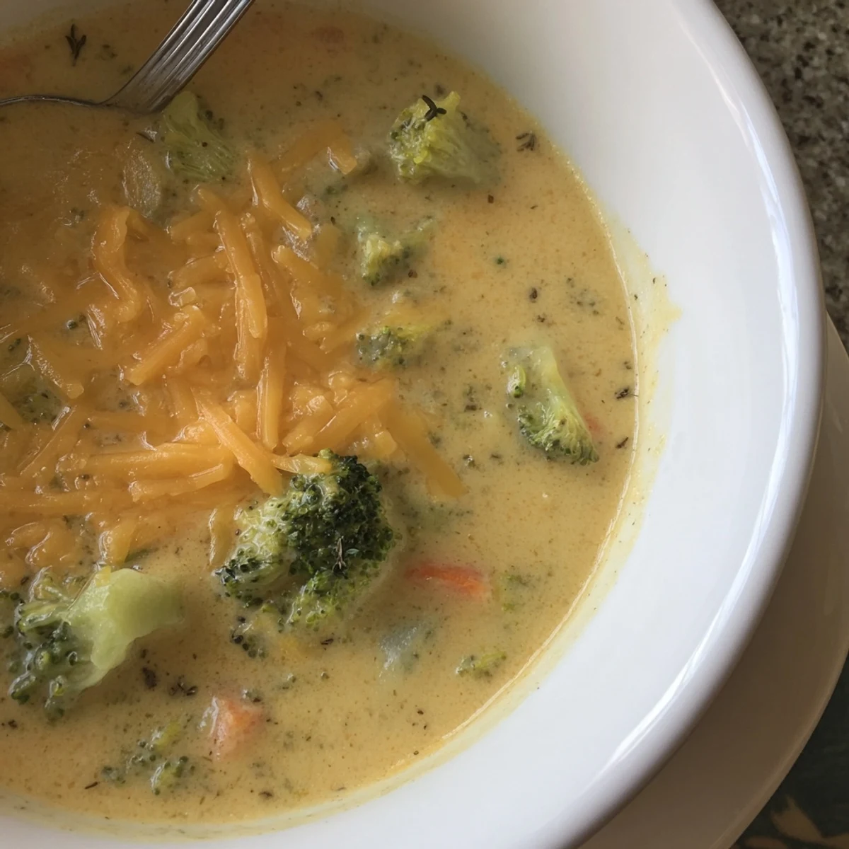 Creamy slow cooker broccoli cheese soup ladled into a rustic ceramic mug