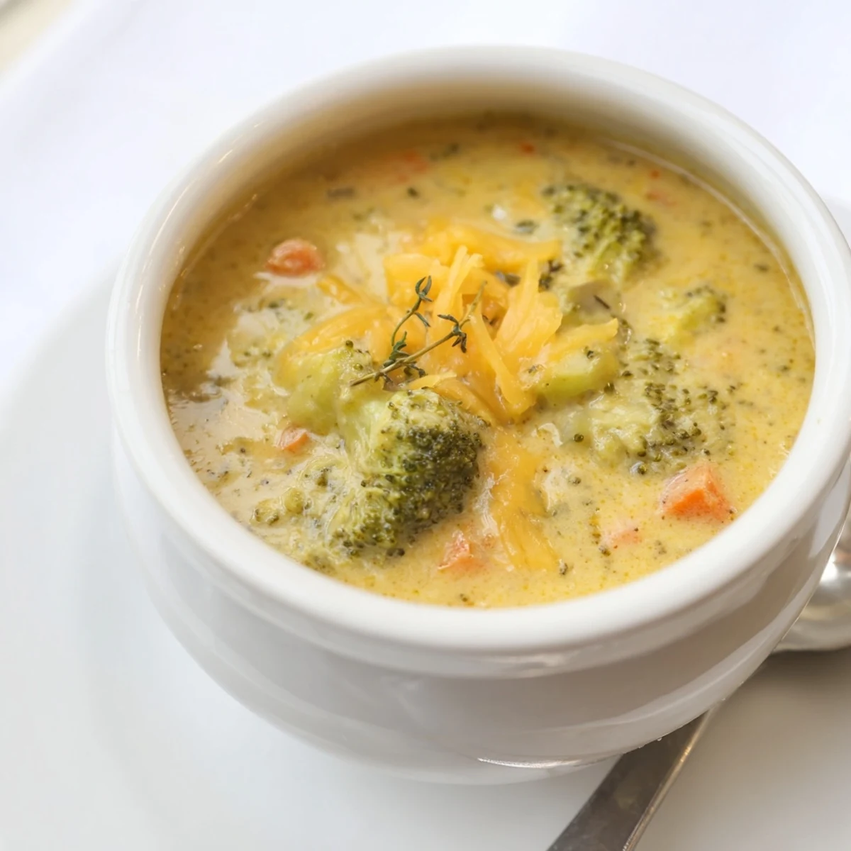Thick slow cooker broccoli cheese soup topped with melted cheddar in a bread bowl