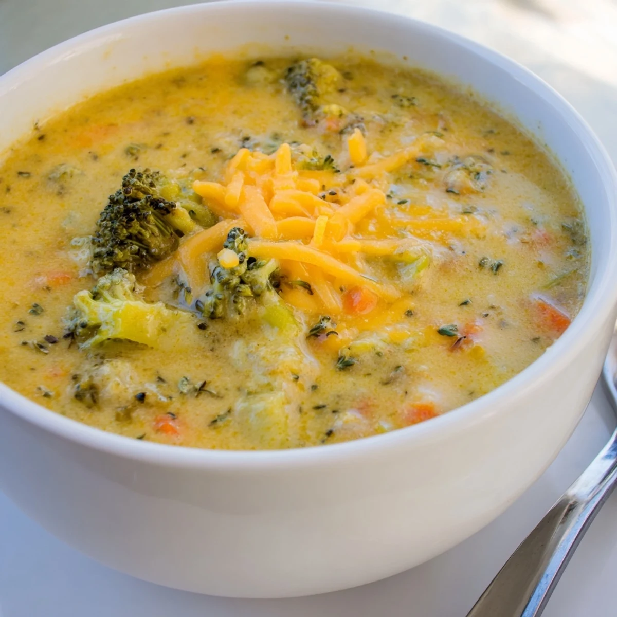 Golden slow cooker broccoli cheese soup with tender broccoli florets and crusty bread