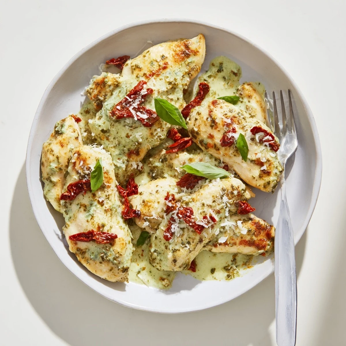 Golden seared marry me chicken nestled in creamy pesto sauce with sun-dried tomatoes