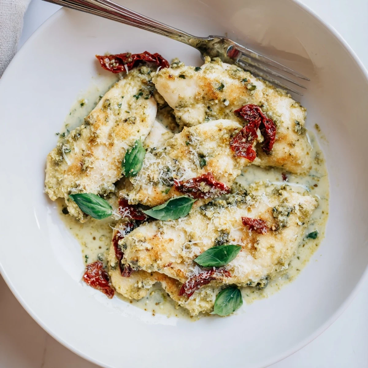 Tender marry me chicken smothered in rich basil pesto cream sauce and parmesan