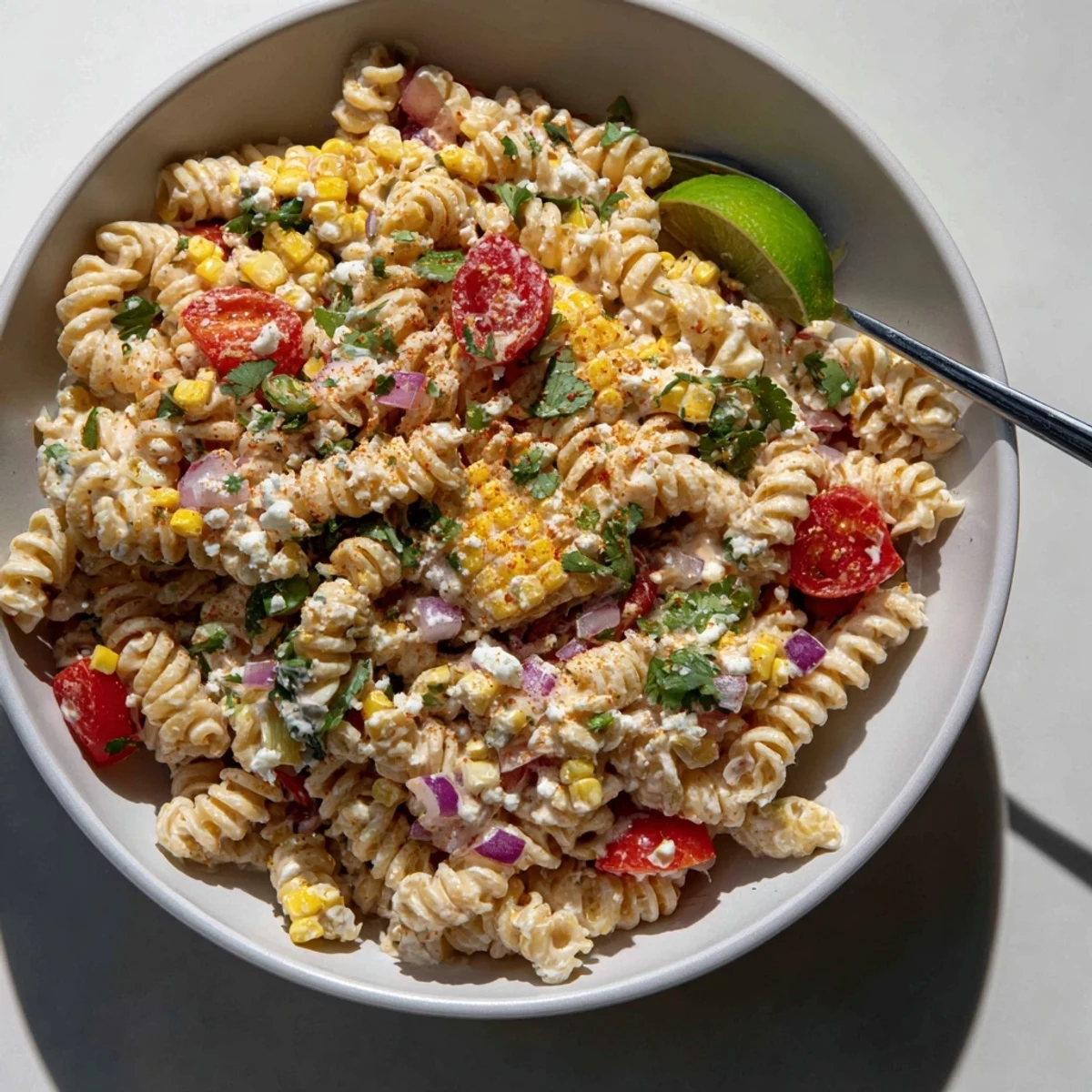 Creamy Elote Street Corn Pasta Salad topped with crumbled cotija cheese and fresh cilantro