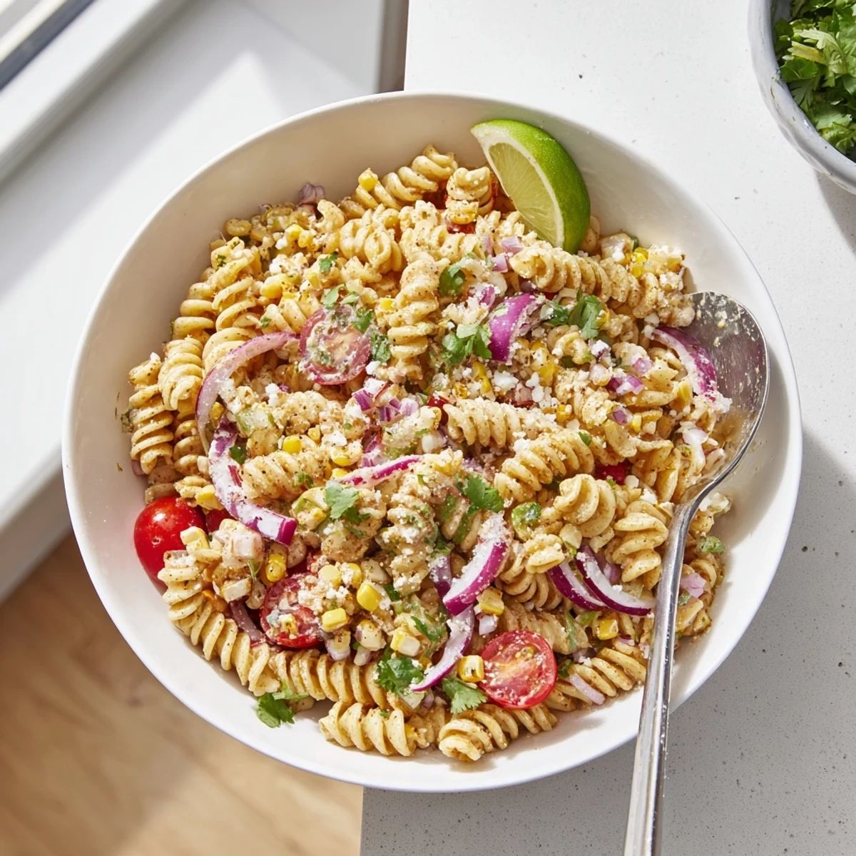Smoky grilled corn and vibrant tomatoes shine in this Elote Street Corn Pasta Salad