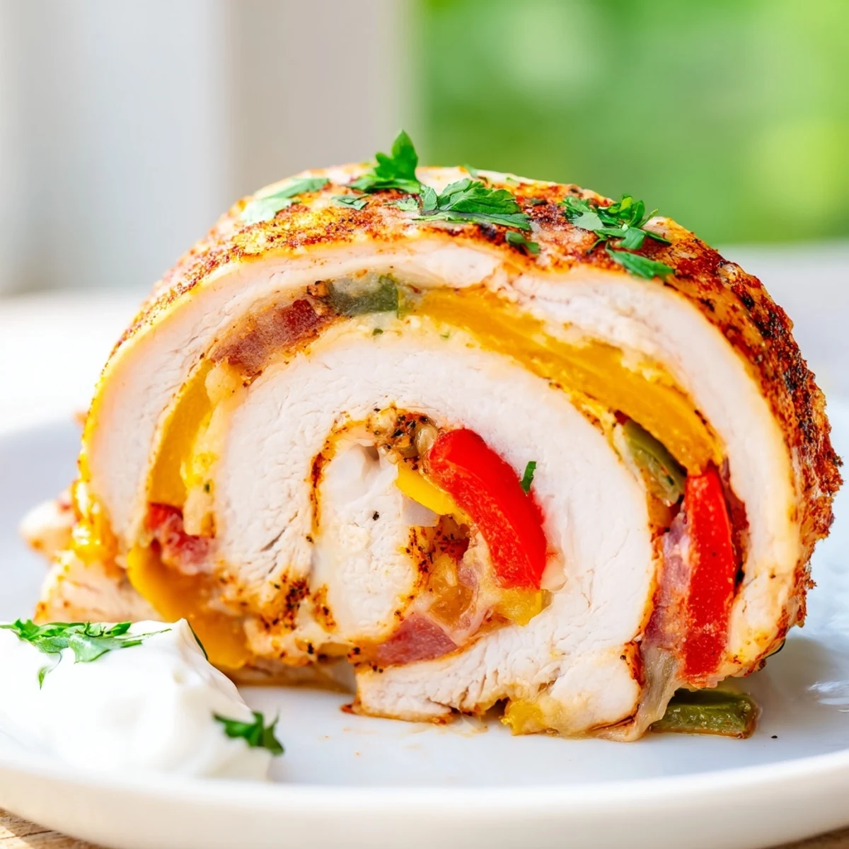 Baked chicken fajita roll ups garnished with fresh cilantro and lime wedges on a white plate